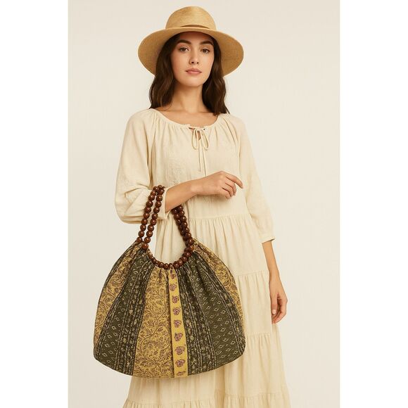 AMICI Boho Tote Bag with Wooden Bead Handles - Picture 1 of 8